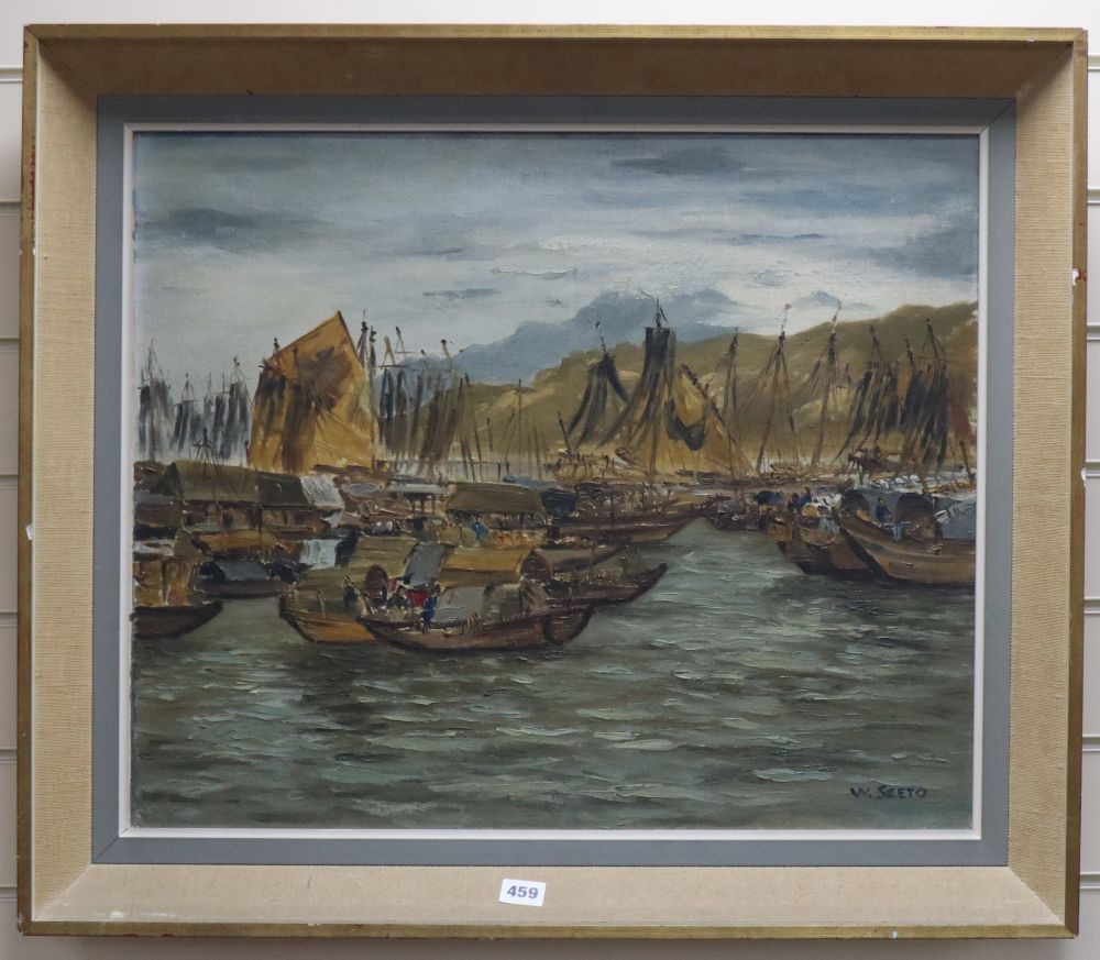 W. Szeto, oil on canvas board, Fishing boats in the harbour, signed, 51 x 61cm